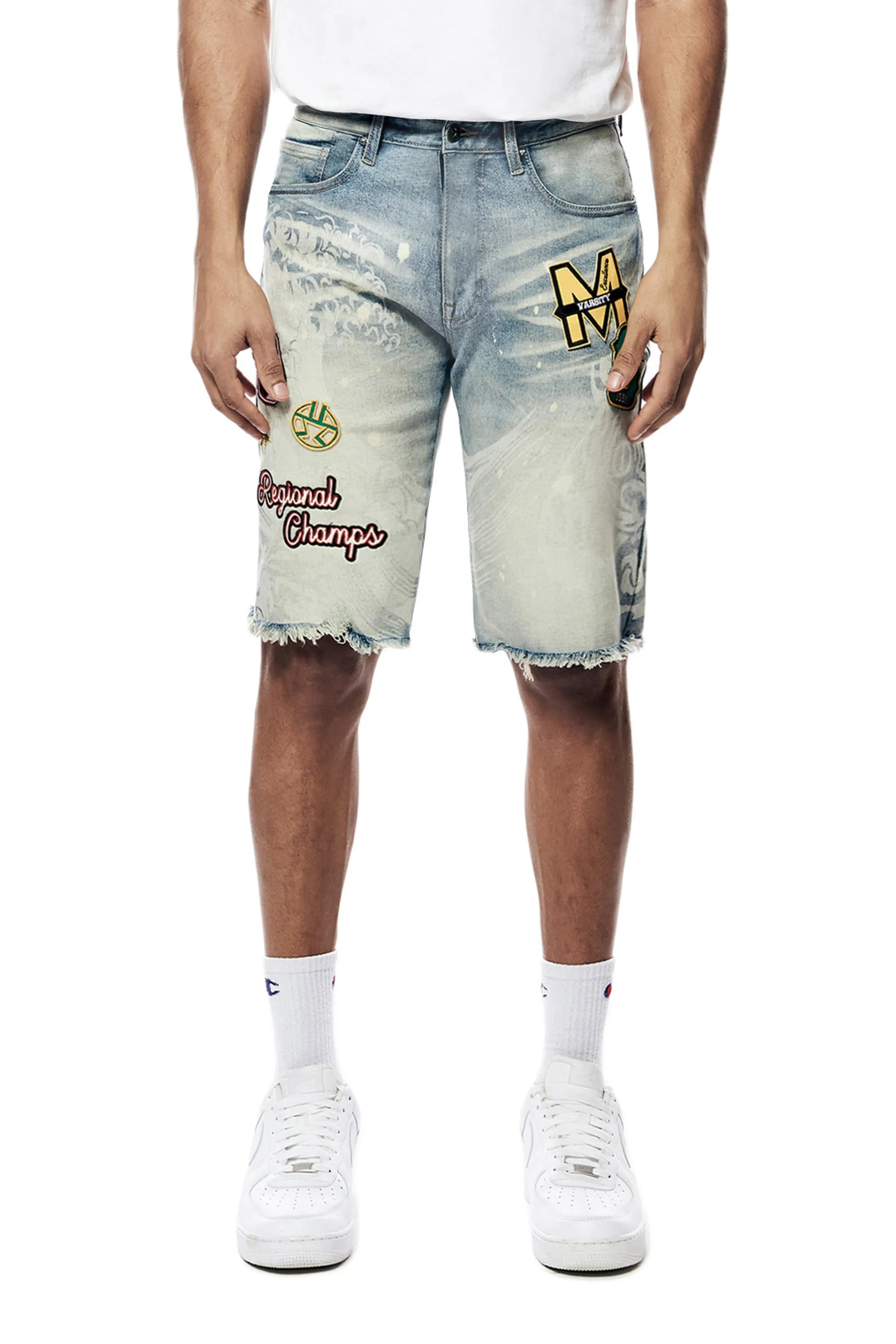 Laser Printed Varsity Jean Shorts - Vanilla Blue