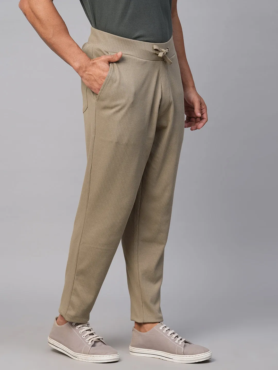 Men's Khaki Cotton Elastane Regular Fit Track Pant