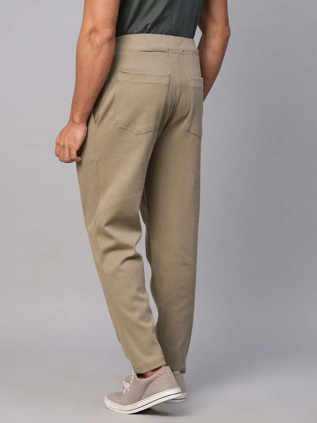 Men's Khaki Cotton Elastane Regular Fit Track Pant