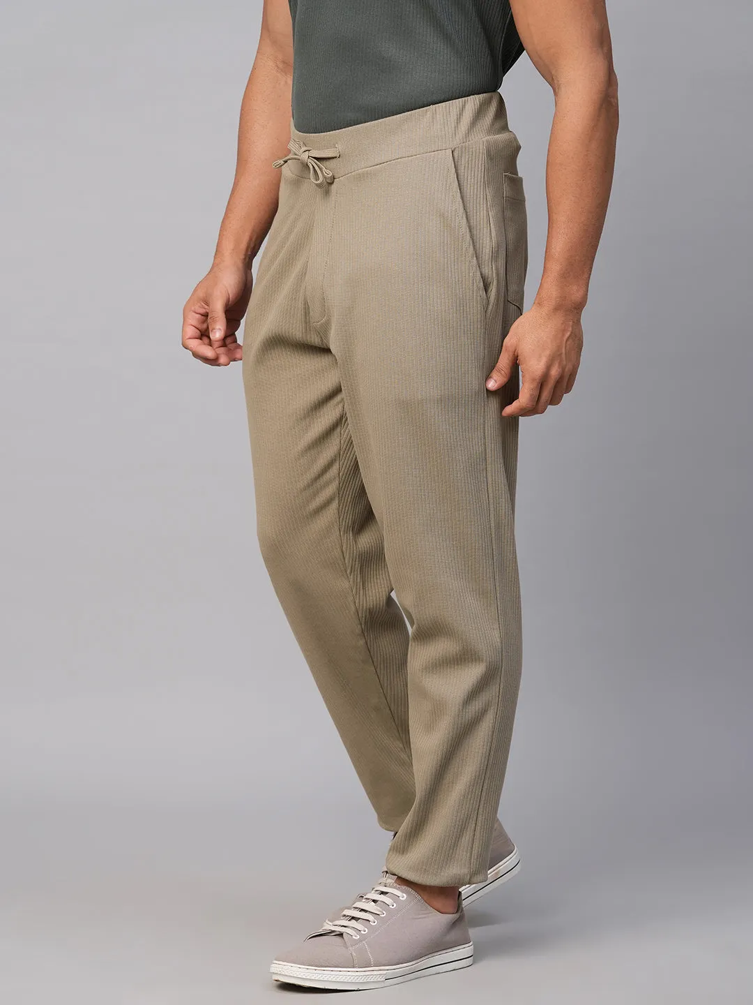 Men's Khaki Cotton Elastane Regular Fit Track Pant