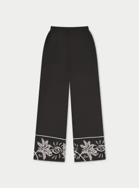 PALM EMBROIDERY WIDE LEG TROUSERS - BLACK