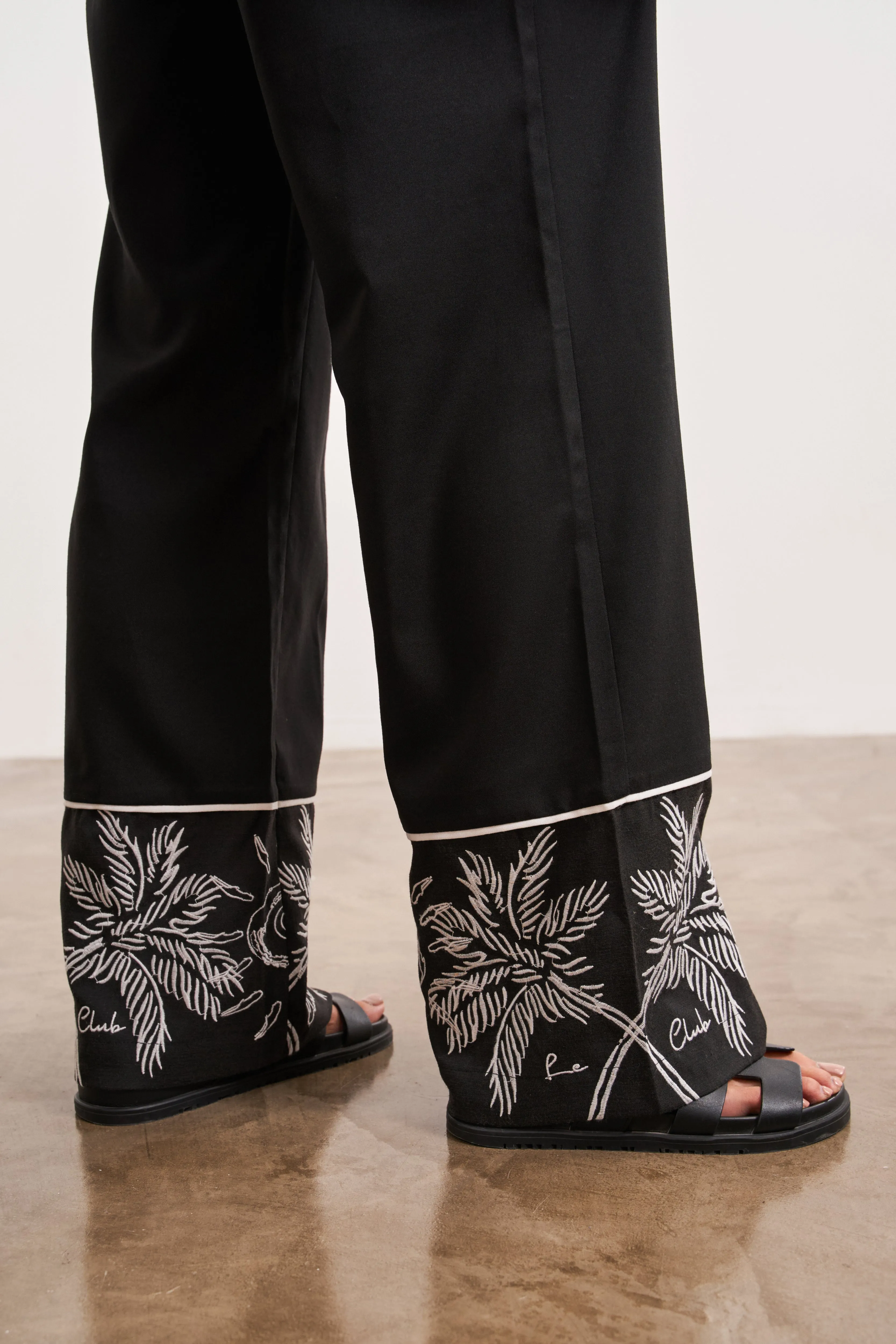 PALM EMBROIDERY WIDE LEG TROUSERS - BLACK