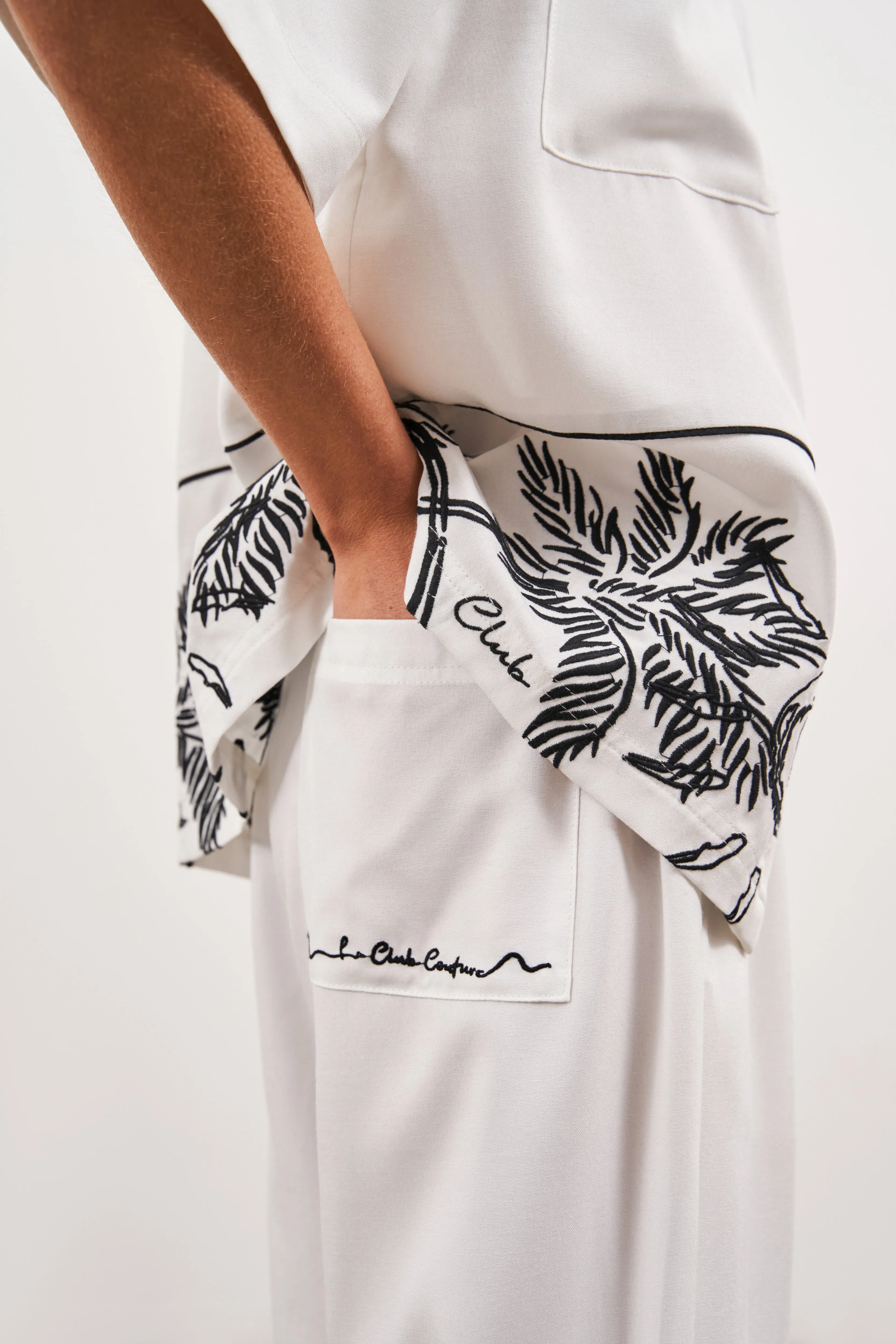 PALM EMBROIDERY WIDE LEG TROUSERS - WHITE