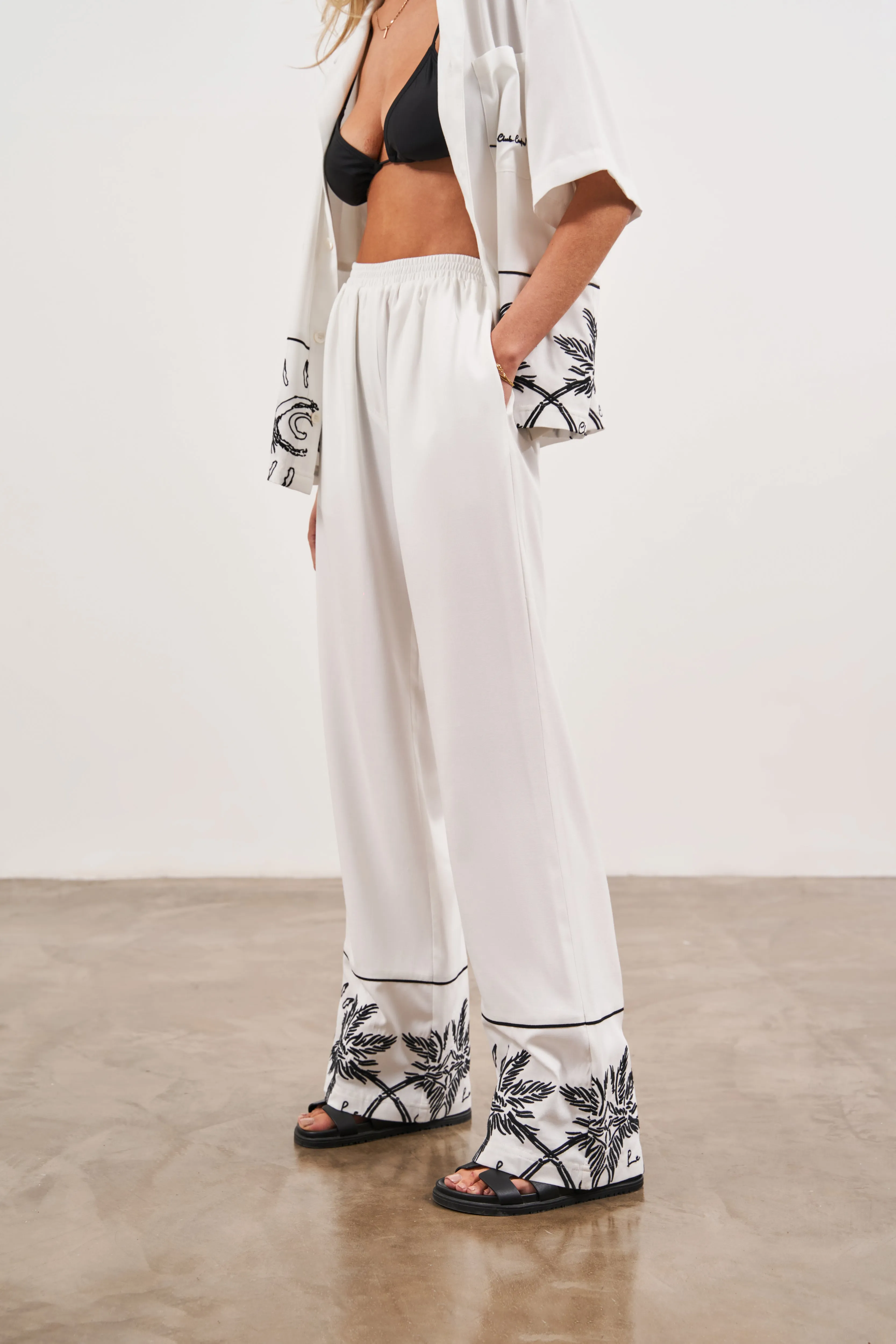 PALM EMBROIDERY WIDE LEG TROUSERS - WHITE