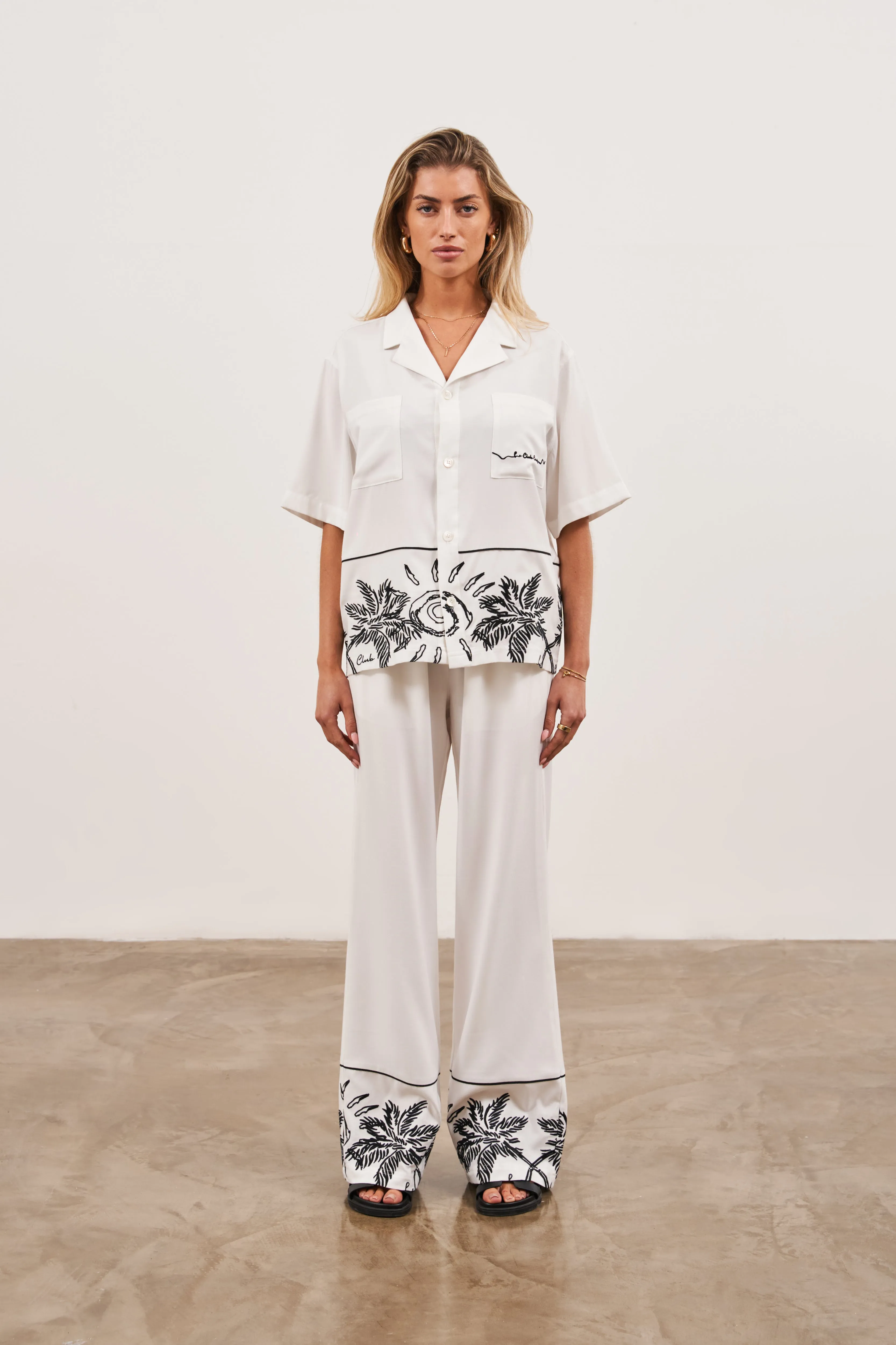 PALM EMBROIDERY WIDE LEG TROUSERS - WHITE