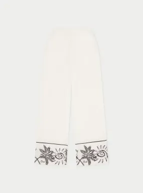 PALM EMBROIDERY WIDE LEG TROUSERS - WHITE