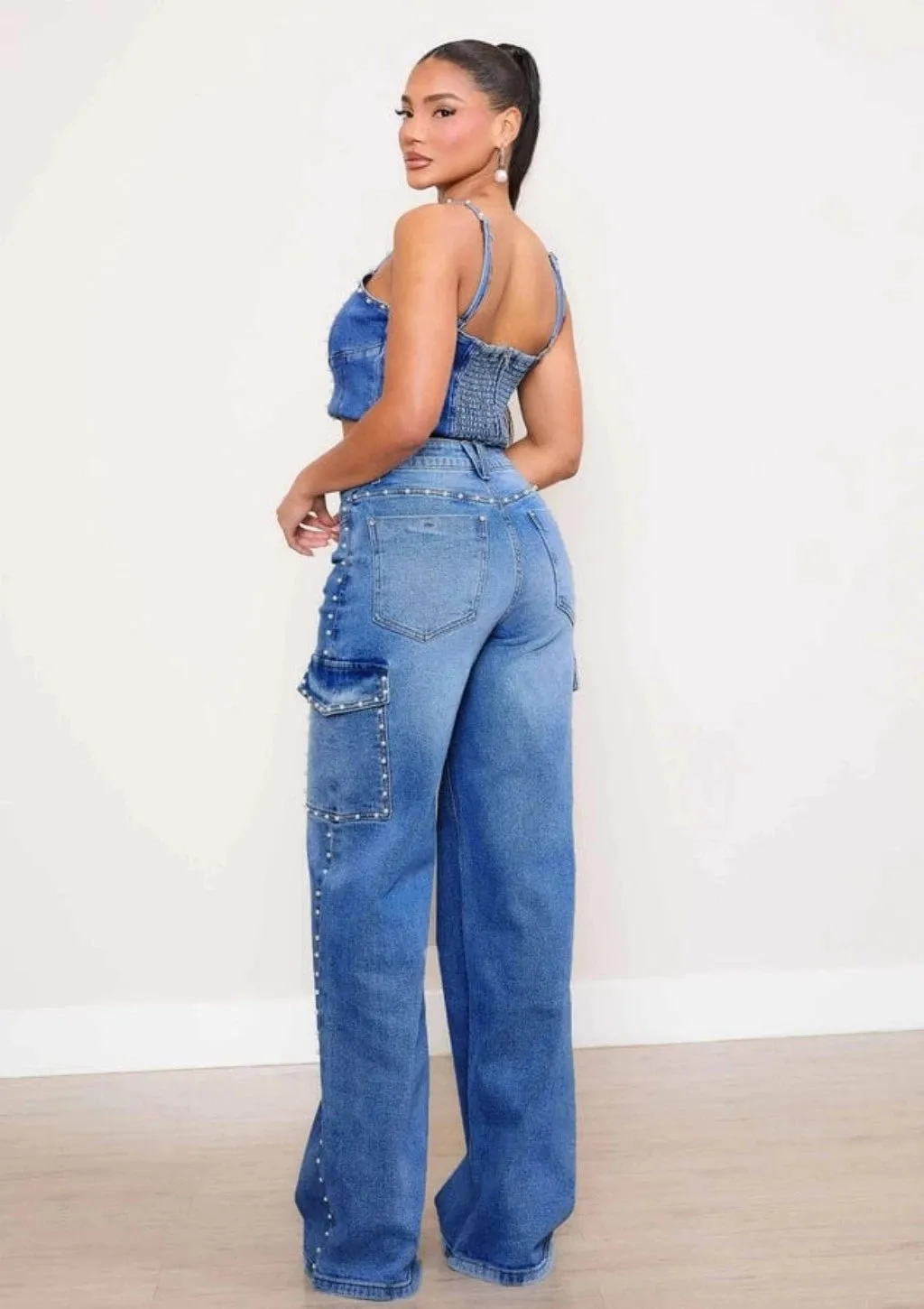 Pearl Adorned Denim Cargo Jeans