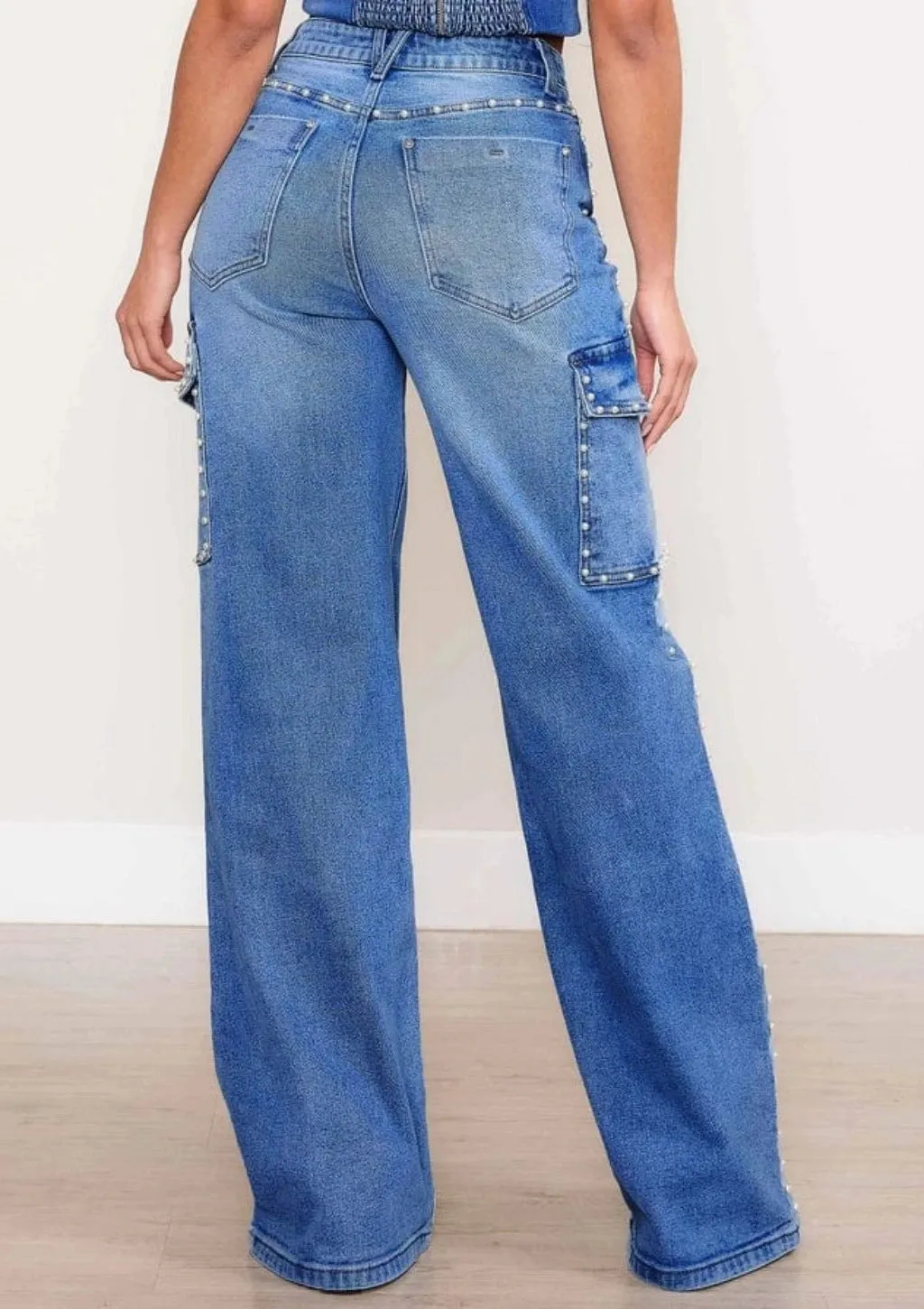 Pearl Adorned Denim Cargo Jeans