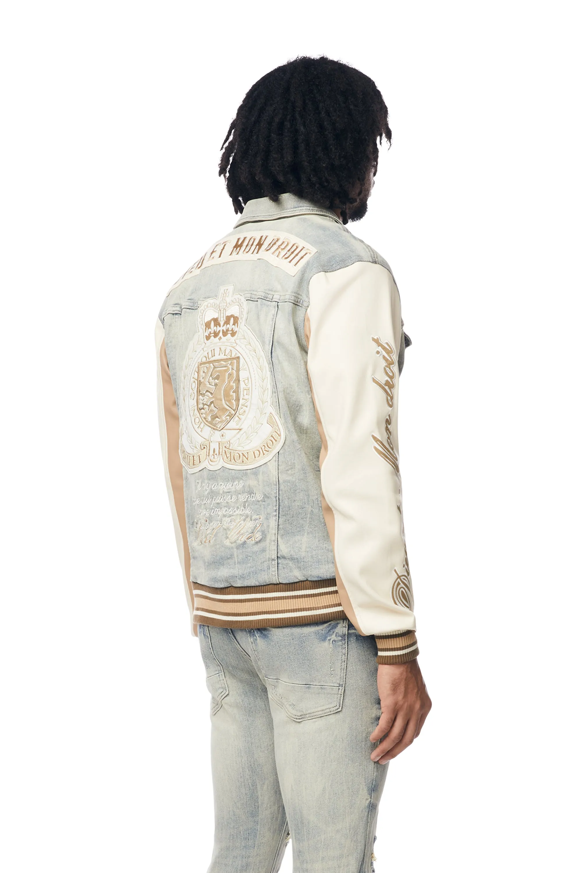 Preppy Crest Embroidered Jean Jacket - Industrial Blue