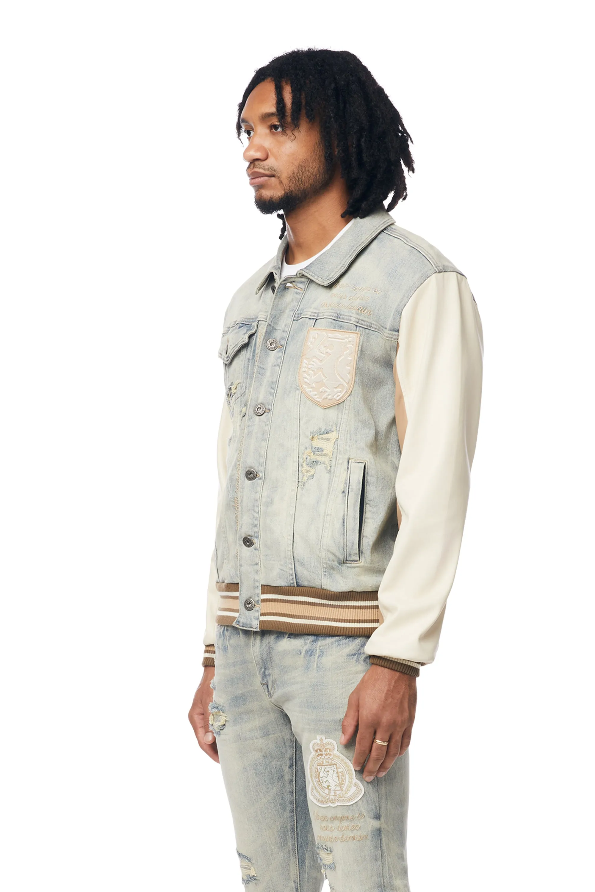 Preppy Crest Embroidered Jean Jacket - Industrial Blue