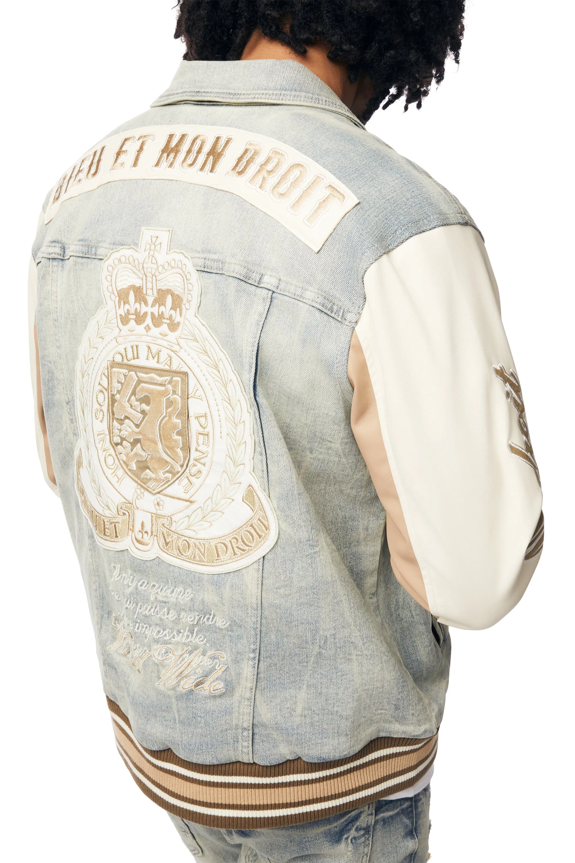 Preppy Crest Embroidered Jean Jacket - Industrial Blue