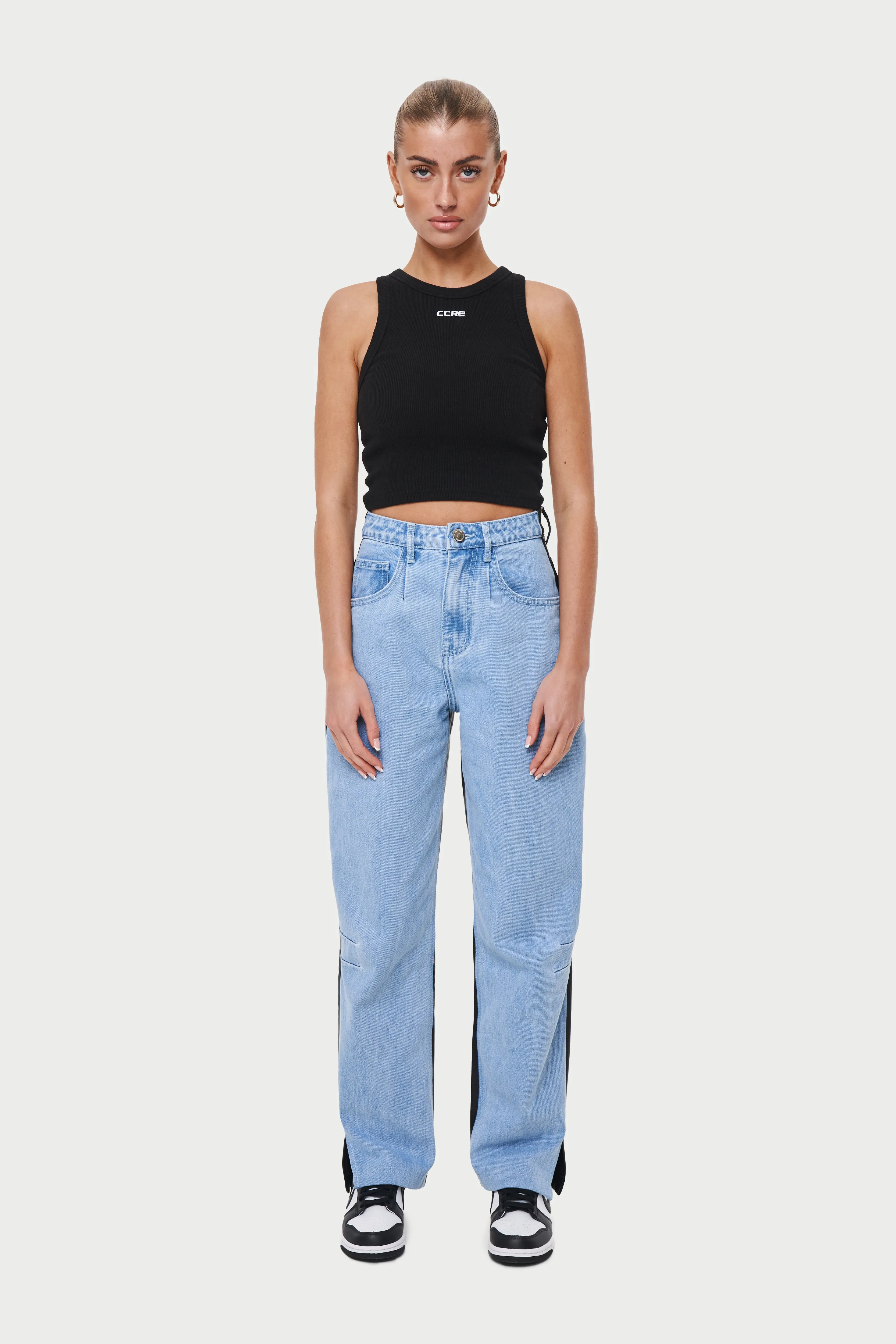 PU DENIM SPLICED MOM JEAN - BLUE