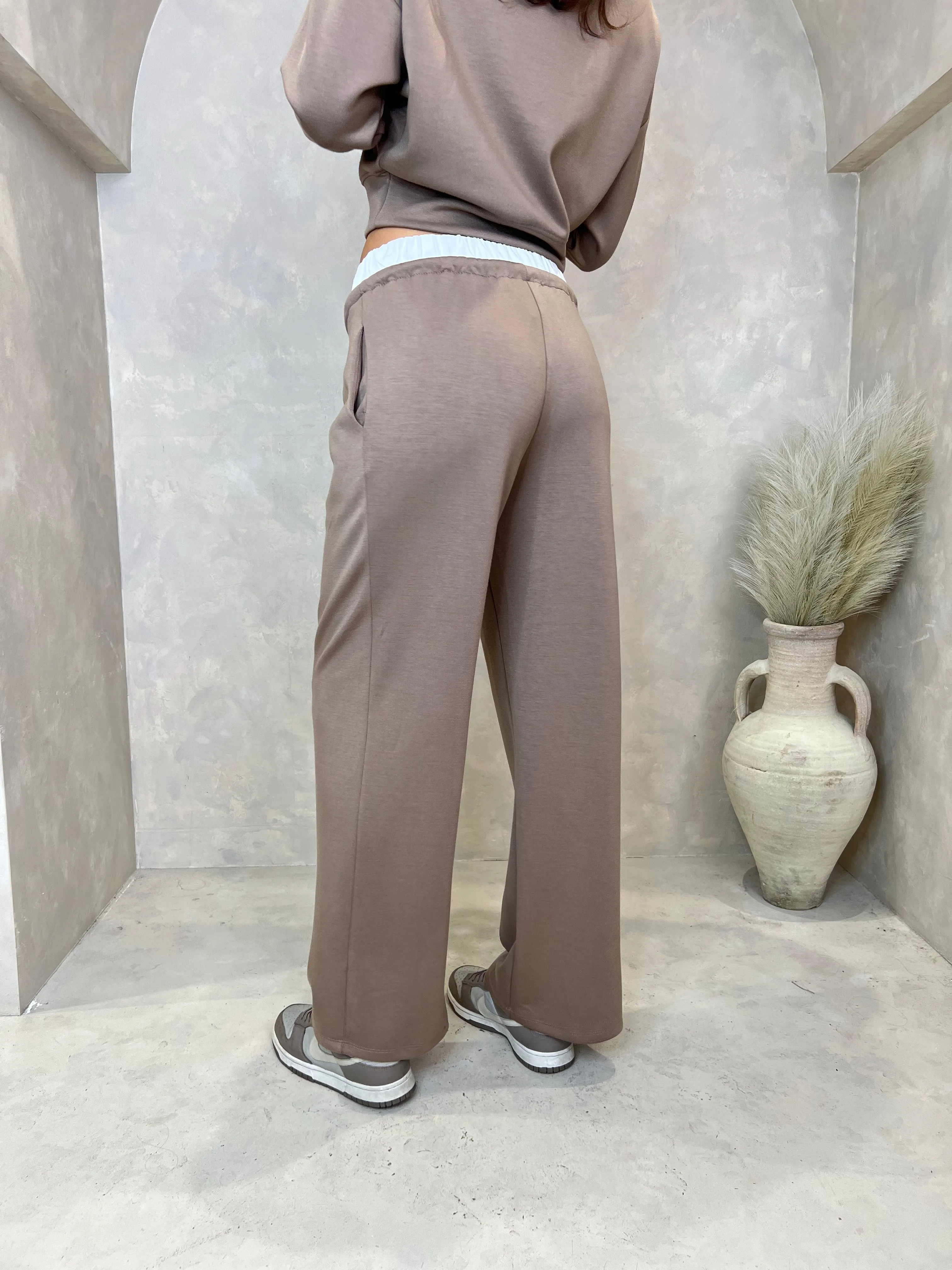 Taupe Drawstring Wide Leg Trousers