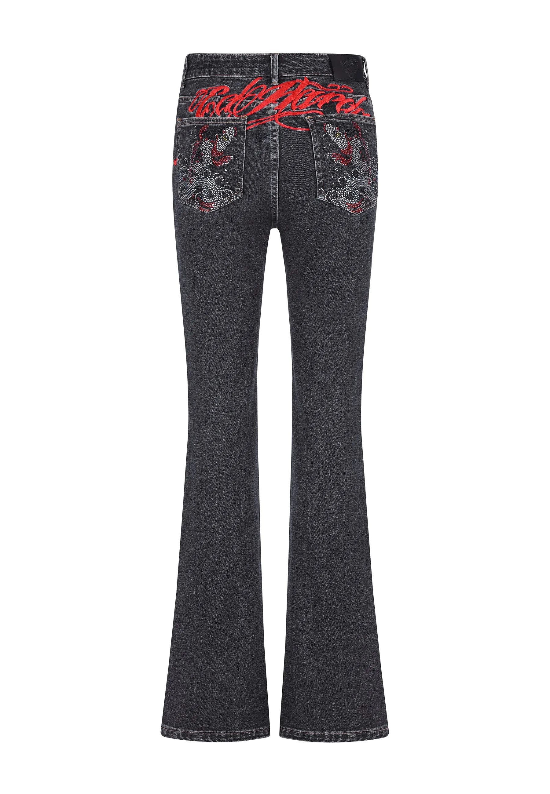 Womens Crystal Koi Flared Denim Trousers Jeans - Black