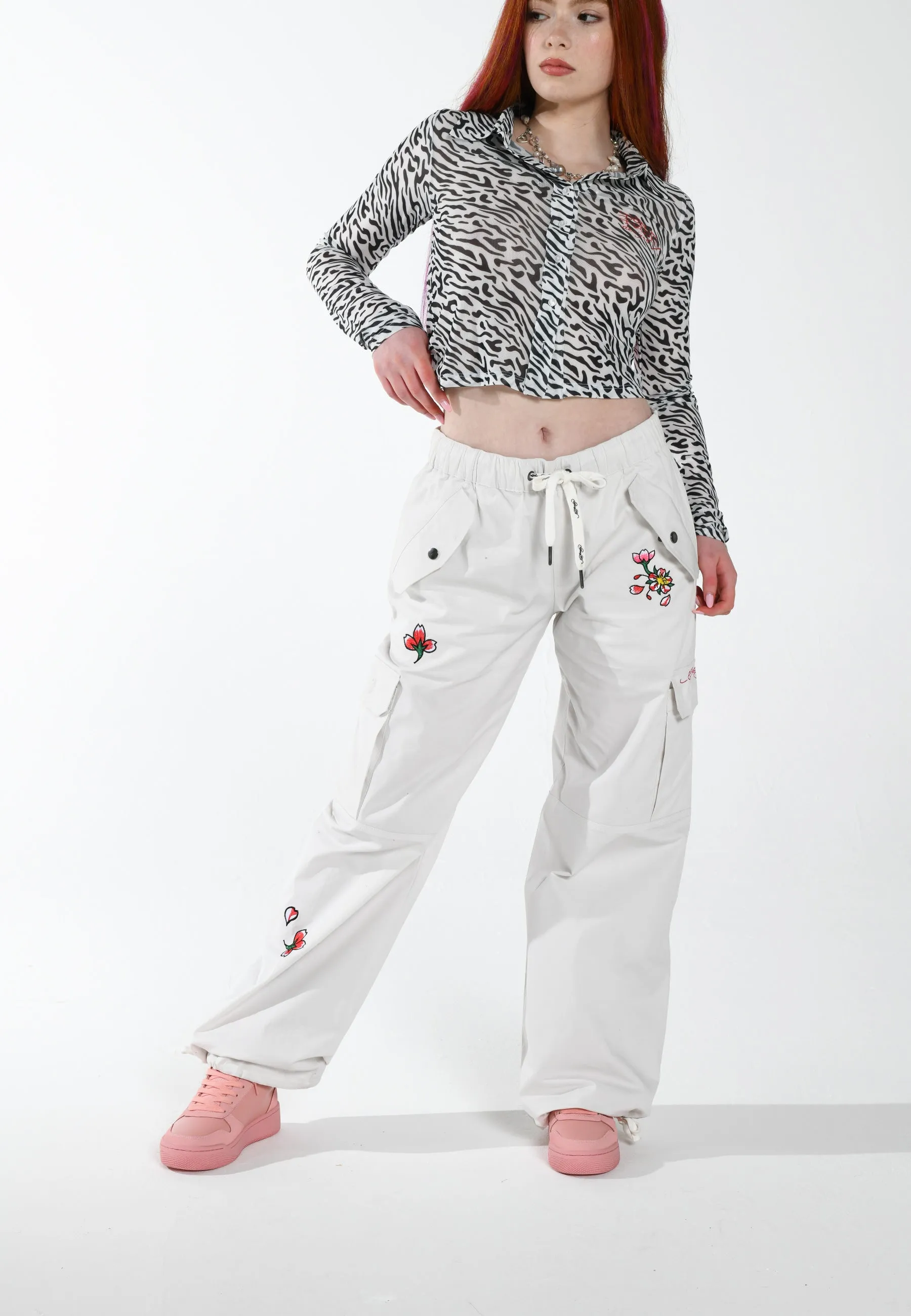 Womens Skull Blossom Cargo Pants Trousers - Blue